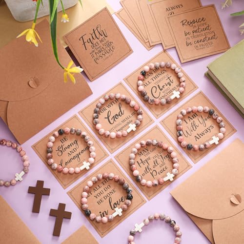 12 Set Christian Cross Bracelets Bulk Religious Cross Beaded Bracelet for Women Men 12 Natural Beaded Stuff Inspirational Cards Envelope Christian Jewelry Faith Gift (Classic Style,Pink) - color: Pink, size: Classic Style