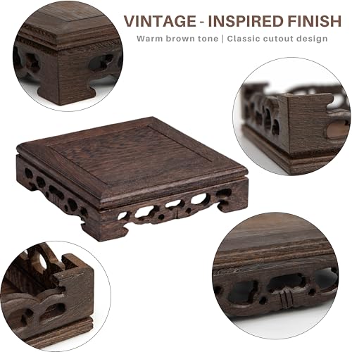 Zen Master Thich Nhat Hanh Wooden Statue with 5.5"x5.5" Oriental Carved Base, Home Altar & Meditation Decor Set