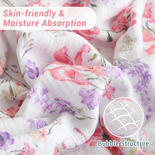 Viviland Cotton Muslin Blanket Reversible Fleece Blanket Lightweight Breathable Gauze King Size Blanket 108 x 90 Inches, Pink Purple Flowers - color: Pink Purple Flowers, size: King Size (90 X 108 Inches)