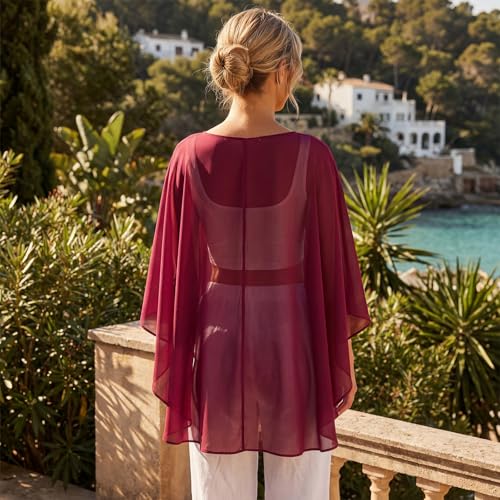 Women Chiffon Cape Shawls and Warps for Evening Dress Wedding Sheer Mesh Flowy Capelets Top - color: A-burgundy, size: X-Large