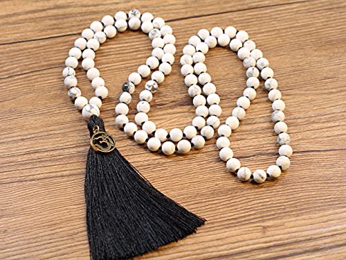 COAI OM Charm Hand Knotted Tassel 108 Mala Beads Necklace - color: Howlite, size: 8mm