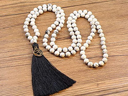 COAI OM Charm Hand Knotted Tassel 108 Mala Beads Necklace - color: Howlite, size: 8mm