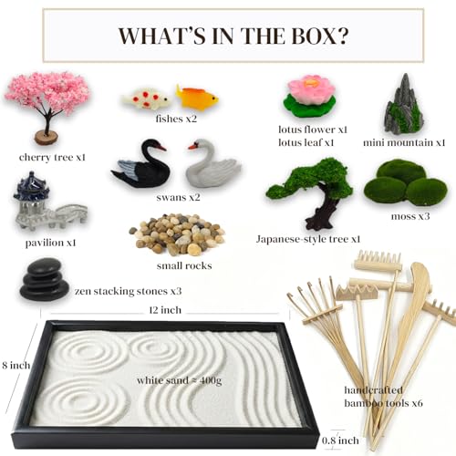 Zen Garden for Desk, Japanese Garden Home Office Desktop Decor for Meditation Sand Tray Therapy Kit,11.8'' X 7.9'' Large Size,Bamboo Rake Tools, Valentine's Day Gift