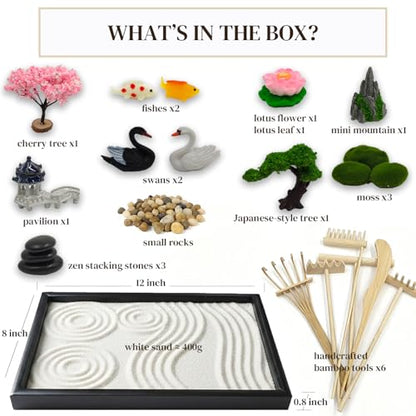 Zen Garden for Desk, Japanese Garden Home Office Desktop Decor for Meditation Sand Tray Therapy Kit,11.8'' X 7.9'' Large Size,Bamboo Rake Tools, Valentine's Day Gift