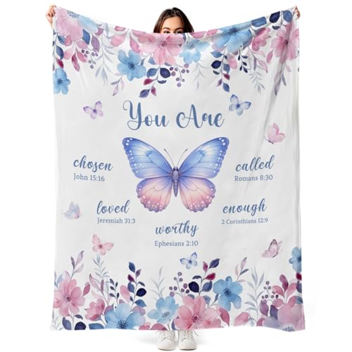 Pink Floral Butterfly Blanket Christian Gifts for Women, Blue and Pink Flower with Inspirational Quote Soft Cozy Throw Blanket for Bedroom Living Room Couch Girls Birthday Gifts,50x60 Inch - color: Pink, size: 50"x60"