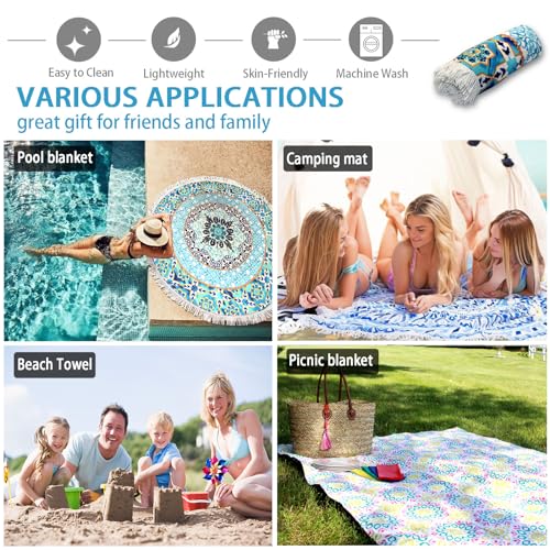 Pafusen Round Mandala Beach Towel Blanket/Boho Hippie Tapestry, Roundie Yoga Meditation Mat Picnic Rug, Bohemian Table Cloth with Tassels, Terry Towel Material, 60 inch Cute Towels, Gifts for Women