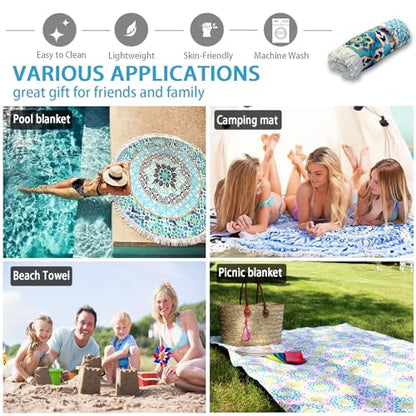Pafusen Round Mandala Beach Towel Blanket/Boho Hippie Tapestry, Roundie Yoga Meditation Mat Picnic Rug, Bohemian Table Cloth with Tassels, Terry Towel Material, 60 inch Cute Towels, Gifts for Women