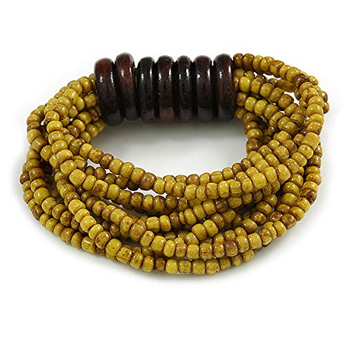 Avalaya Multistrand Dusty Yellow Glass Bead with Wooden Rings Flex Bracelet - Medium