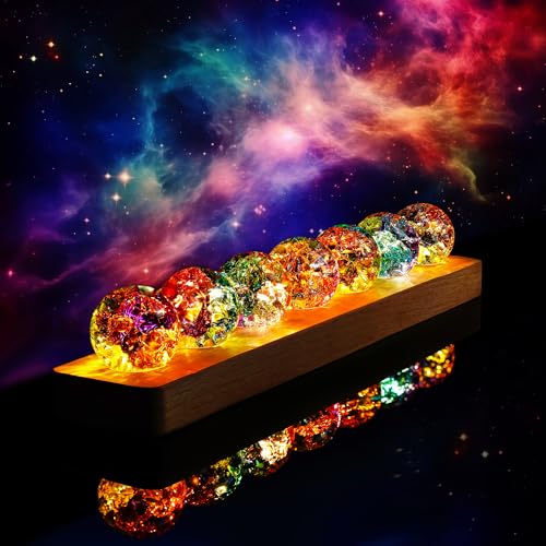 7pcs Colorful Healing Spheres for Meditation Crystal Cracked Balls with LED Wooden Stand Night Light Decoration Balls Set - color: Color-2