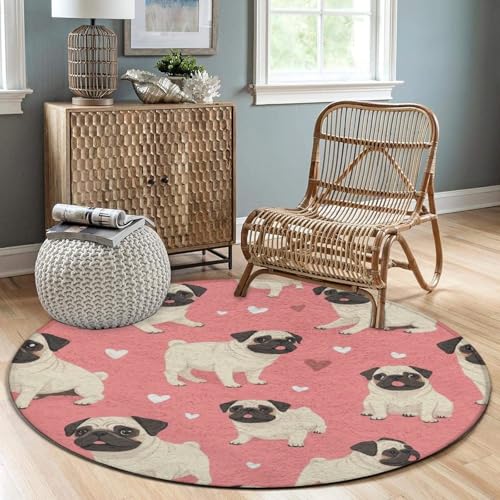 Room Sofa Yoga Soft Round Carpet, Modern Round Area Rug, Non-Slip Machine Washable Kitchen Office Circle Rug Compatible with Funny Cartoon Pugs Puppy Pink 24inch(60cm) - color: Color716, size: 24inch(60cm)