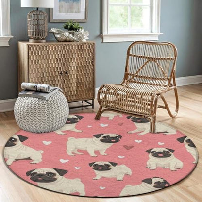 Room Sofa Yoga Soft Round Carpet, Modern Round Area Rug, Non-Slip Machine Washable Kitchen Office Circle Rug Compatible with Funny Cartoon Pugs Puppy Pink 24inch(60cm) - color: Color716, size: 24inch(60cm)