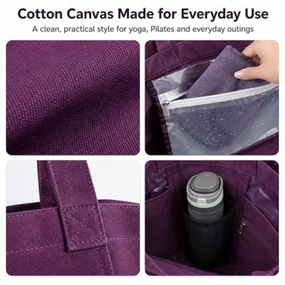 Yoga Mat Bag for Women, 100% Cotton Canvas Tote with Wet/Dry Pocket, Bottle Holder and Inner Zipper Pocket, 25L Carrier for Pilates and Travel - color: Purple