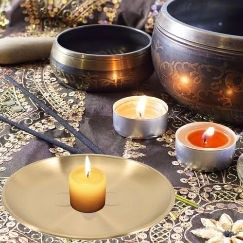 Cabilock Metal Tarot Candle Holder, Round Altar Tealight Tray Decorative Plate, Pillar Candles Candlestick Stand Witchcraft Supplies for Meditation Ceremony Home Table Centerpiece, 14cm