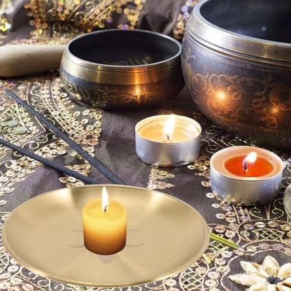 Cabilock Metal Tarot Candle Holder, Round Altar Tealight Tray Decorative Plate, Pillar Candles Candlestick Stand Witchcraft Supplies for Meditation Ceremony Home Table Centerpiece, 14cm