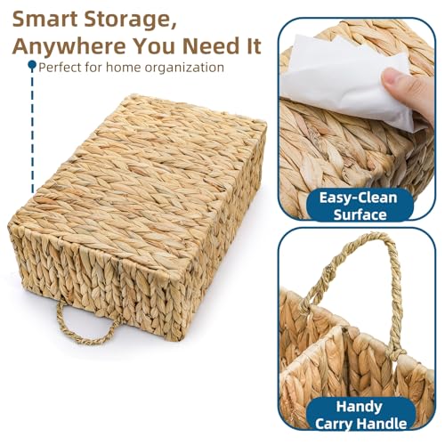 Water Hyacinth Storage Basket, 4 Section Natural Wicker Storage Bin, Woven Storage Organizer with Handle, Large Divided Basket for Shelves Countertop Bathroom Pantry, 16" L x 10.5" W x 5.5" H