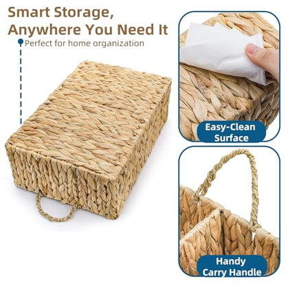 Water Hyacinth Storage Basket, 4 Section Natural Wicker Storage Bin, Woven Storage Organizer with Handle, Large Divided Basket for Shelves Countertop Bathroom Pantry, 16" L x 10.5" W x 5.5" H
