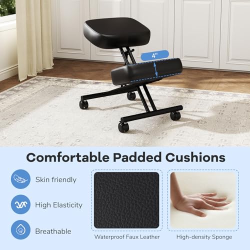 Goplus Kneeling Chair, Upholstered Mobile Desk Chair w/Adjustable Height, Thickened Sponge Cushion, 4 Lockable Universal Wheels, Office Home Padded Stool with Angled Seat, Black (1)
