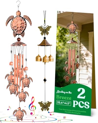 Memorial Butterfly Wind Chimes for Outside Set, Aluminum Tube Wind Chime - 6 Harmonic Bells for Soothing Tones, Durable Outdoor Windchime for Patio, Garden, Gift for Women (Turtles, Butterflies) - color: Turtles, Butterflies