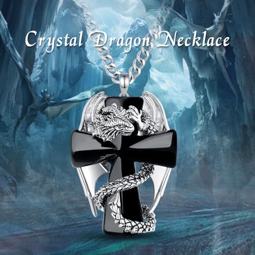 INFUSEU Unique Dragon Necklaces with Healing Crystal Stone for Men Women, Personalized Spiritual Gifts, 24 Inch Chain - color: Large Black Cross