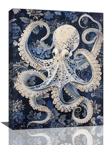 Fuzawet Octopus Wall Art Ocean Marine Nautical Pictures Wall Decor Navy Octopus Canvas Painting Print Home Modern Artwork Decorations Framed for Bathroom Living Room Bedroom Office 12 x 16 inch - color: Octopus, size: 16"L x 12"W