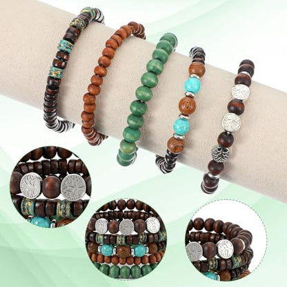 5 Pcs Beaded Bracelets, Elastic Wood Alloy Boho Stackable Handmade Beaded Bracelets, Boho Jewelry For Women Men
