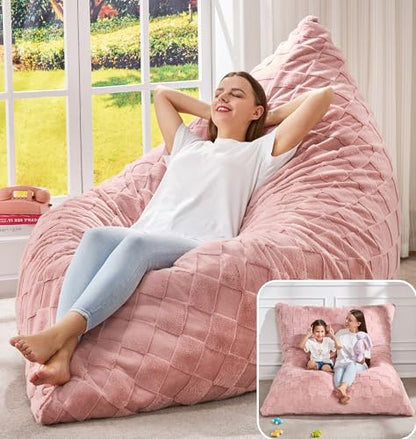 Hobestluk 3 in 1 Bean Bag Chair Giant Bean Bag Chairs for Adults with Plaid Cover Convertible Bean Bag Floor Cushion with Machine Washable Cover for Living Room (Plaid Pink) - color: Dusty Pink