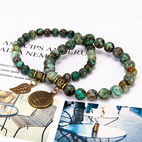 Bivei Natural Semi Precious Gemstone beads bracelet for women - Life Tree and Leaf Charm Energy Reiki Crystal Stretch Bracelets - color: African Turquoise Bracelet Set, size: Medium:6.8-7.24inch