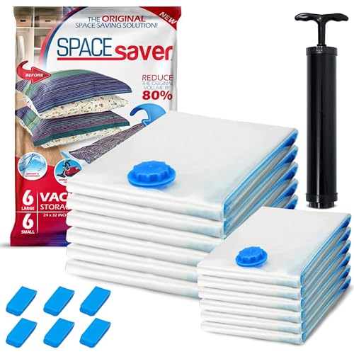12 Pack Variety Vacuum Storage Bags for Comforters, Blankets & Clothes – Vacuum Sealed Compression Bags with Hand Pump – Space Saver Storage Bags for Bedding, Moving, Travel & Organization (6S & 6L)