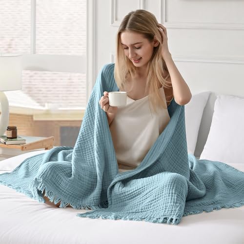 Esterra Muslin Throw Blanket 50x65 Inches Cozy Soft Lightweight Pre-Washed Cotton Blanket, All Season Breathable 4-Layer Gauze Blanket Throw for Sofa Couch Bed, Sky Blue - color: 09 - Sky Blue, size: Throw (50"x65")