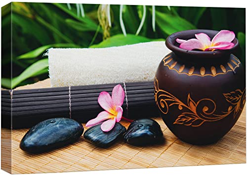 wall26 Canvas Print Wall Art Ornamental Flower Pot Pink Lily Flower Spa Stones Nature Wilderness Photography Realism Rustic Landscape Colorful Multicolor for Living Room, Bedroom, Office - 12"x18" - color: A49-2203-vee10, size: 18"L x 12"W