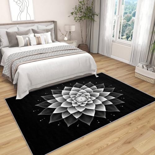 Mandala Rug Black - Mandala Floral Rug, 5x6 ft Washable Non-Slip Stain Resistant Meditation Area Rug, Chakra Yoga Carpet for Living Room, Bedroom, Playroom, Zen Spiritual Home Decor & Gifts