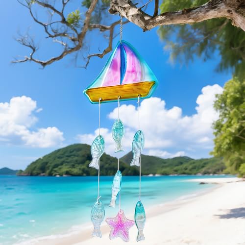 H&D HYALINE & DORA 23.5 Inch Glass Wind Chimes Colorful Sailboat Decor Hanging for Outside Glass Fish Wind Chime Outdoor Decor for Harmonic Porch, Patio & Garden - color: Sailboat