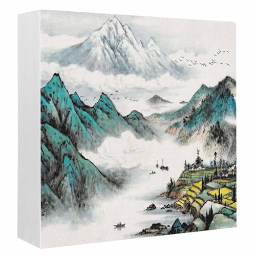 Chinese Zen Scenery Wood Box Sign Desk Decor, Ink Painting Mountain Fields and Nature Decorative Wooden Block Box Sign Decorations for Home Office Shelf Table Decor 6x6 Inches - color: Green