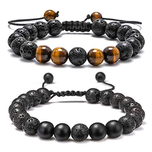 M MOOHAM Fathers Day Gift Mens Bracelet - Beaded Natural Stone 8mm Tiger Eye Matte Agate Lava Rock Bracelets for Men Teen Boys Grandpa Dad Birthday Gifts Jewelry - style: Lava Rock&Yellow Tiger Eye&Matte Agate Bracelets