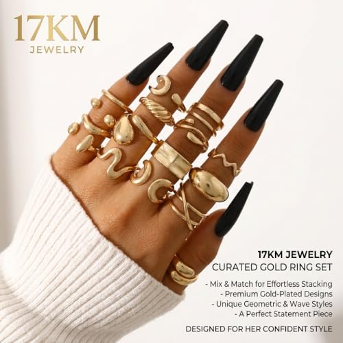 16 PCS Gold Chunky Rings Set for Women, 14k Gold Plated Thick Dome Stackable Open Rings Trendy Dainty Minimalist Jewelry Gifts - color: 01-Gold