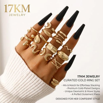 16 PCS Gold Chunky Rings Set for Women, 14k Gold Plated Thick Dome Stackable Open Rings Trendy Dainty Minimalist Jewelry Gifts - color: 01-Gold