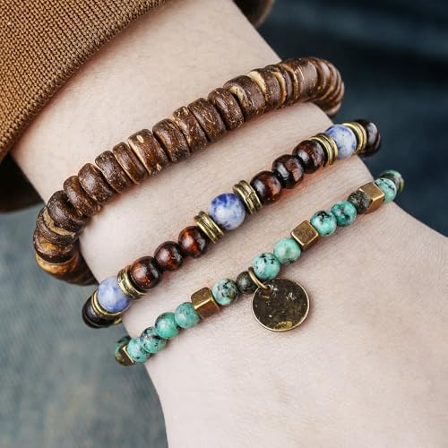Puka Shell Bracelet for Men Wooden Bracelets Turquoise Stack Beaded Minimalist Trendy Jewelry for Friend Gift - style: 3pcs-Coin