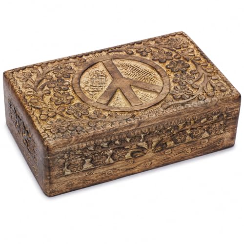 Ajuny Wooden Hand Carved Decorative Jewelry Box Peace Design Carvings Vintage Keepsake Storage Organizer Travel Treasure Chest Trinket Holder Case Great Gifts 8x5 Inch - style: Peace Peace