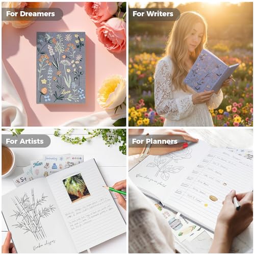 Journal for Women, Embroidered Linen Hardcover Notebook, A5 Journals for Writing & Sketching, Half Blank & Half Lined Journal, Aesthetic Writing Journal with Pen & 200+Stickers, Gift Set for Women - color: Stone Gray