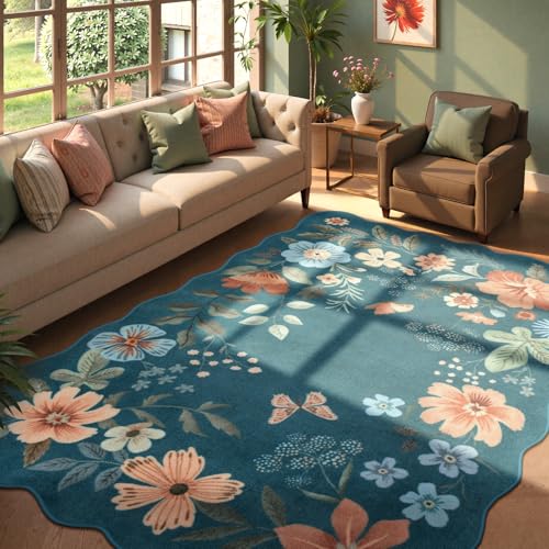 Lahome Floral Washable 6x9 Area Rugs, Soft Bedroom Rug for Living Room Ultra-Thin Non Slip Dining Room Rug, Stain Resistant Boho Blue Rugs Throw Carpet for Office Flore (6'x9',Navy Blue) - color: Navy Blue, size: 6' x 9'（Rectangular）