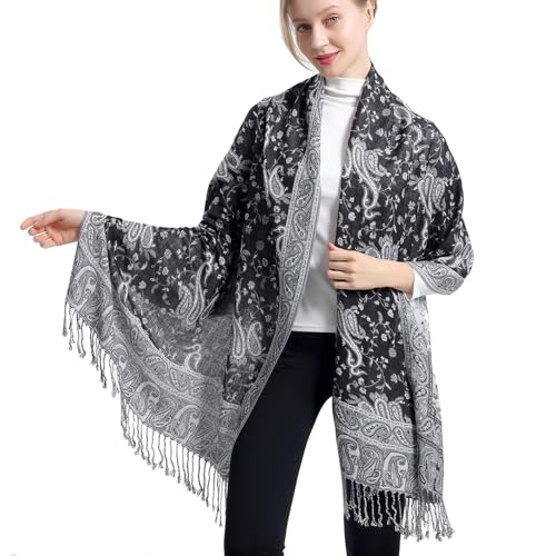 Ciormis Two Tone Silky Paisley Pashmina Shawl Scarf,Soft Women's Rave Jacquard Pashminas Wrap Scarves - color: Style1 -Black & White Paisley