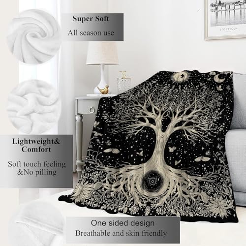 Tree of Life Retro Blanket Mystical Spiritual Seekers Black Throw Blankets,Birthday Gifts for Women Men,Lightweight Soft Fleece Cozy for Sofa Couch Bed Room Boho Decor 50x60in