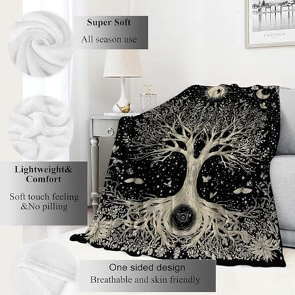 Tree of Life Retro Blanket Mystical Spiritual Seekers Black Throw Blankets,Birthday Gifts for Women Men,Lightweight Soft Fleece Cozy for Sofa Couch Bed Room Boho Decor 50x60in
