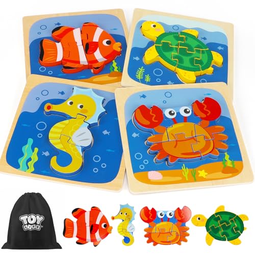 TOY Life Wooden Puzzles for Toddlers 2-4, Sea Animals Puzzles for Toddlers 1-3, Wood Puzzles Educational Montessori Toys Gifts for 1 2 3 Year Old, Baby Kids Learning Toy - style: 4PCS