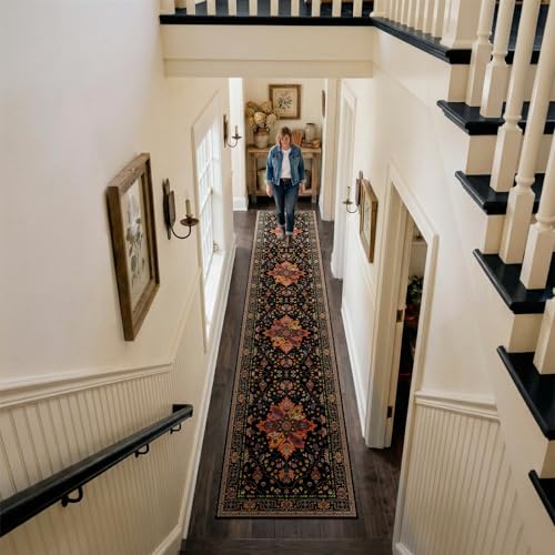 RELEANY Area Rugs Runner 2'x9' Washable Non-Slip, Floral Vintage Distress Medallion Carpet for Kitchen Hallway Bedroom Beside Laundry Room Bathroom, Black Colorful Floral Dark Tan - color: Black/Colorful, size: 2' X 9' (Runner)