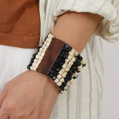 Stretch Wooden Beads Cuff Bracelets Multi Layered Natural Wood Beads Chunky Bangle Wooden Handmade Wide Bracelets Bohemia Jewelry for Women Men - color: C
