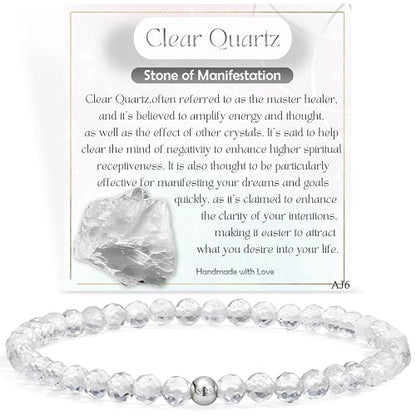 Farfume Tiny Bead Bracelets for Women, Handmade Natural Stone 4mm Beads 925 Sterling Silver Dainty Stretch Bracelets, Chakra Crystal Gemstone Jewelry Gifts - color: Clear Quartz (Stone of Manifestation), size: Medium 7.3-7.5 inch