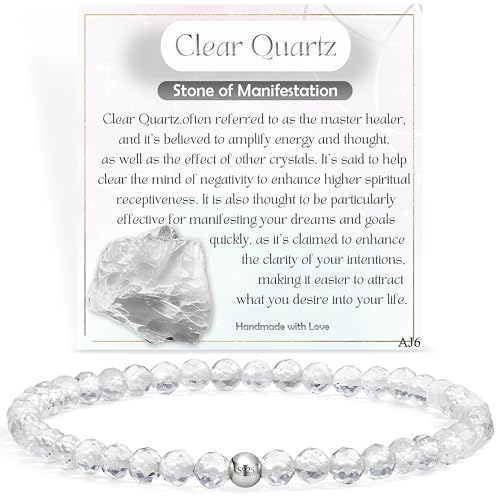 Farfume Tiny Bead Bracelets for Women, Handmade Natural Stone 4mm Beads 925 Sterling Silver Dainty Stretch Bracelets, Chakra Crystal Gemstone Jewelry Gifts - color: Clear Quartz (Stone of Manifestation), size: Medium 7.3-7.5 inch