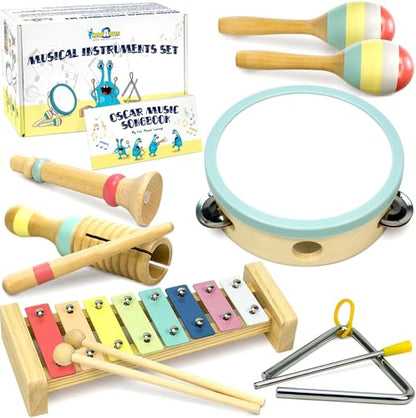 Musical Instruments Set - Montessori Wooden Toys for Toddlers 1-3 | Modern Boho Baby Xylophone with Songbook | Neutral Colors Percussion Instruments | Kids Preschool Educational - style: Xylophone
