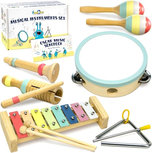Musical Instruments Set - Montessori Wooden Toys for Toddlers 1-3 | Modern Boho Baby Xylophone with Songbook | Neutral Colors Percussion Instruments | Kids Preschool Educational - style: Xylophone